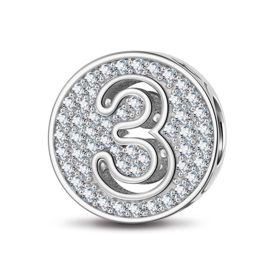gon- Sterling Silver Number Three Charms In White Gold Plated