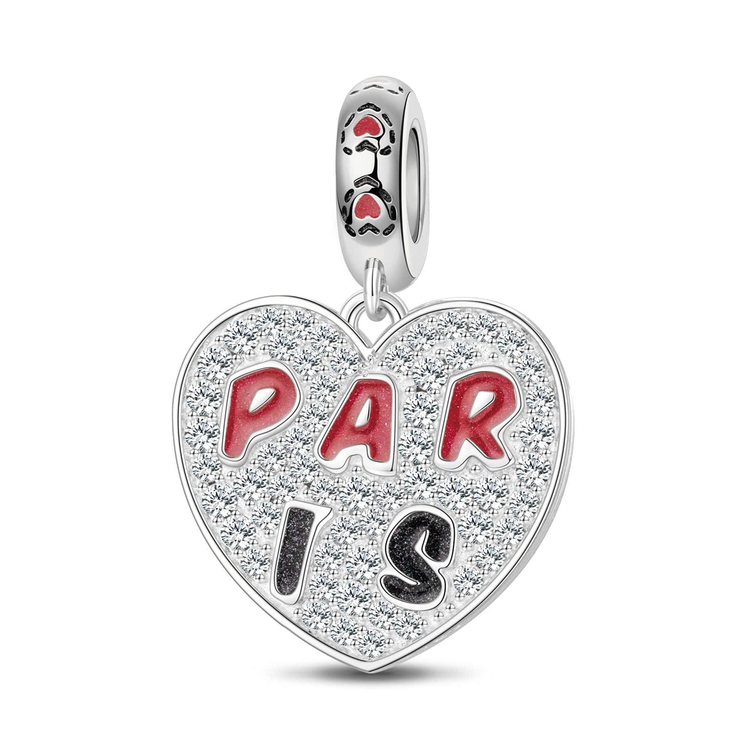 Sterling Silver I Love Paris Dangle Charms With Enamel In White Gold Plated