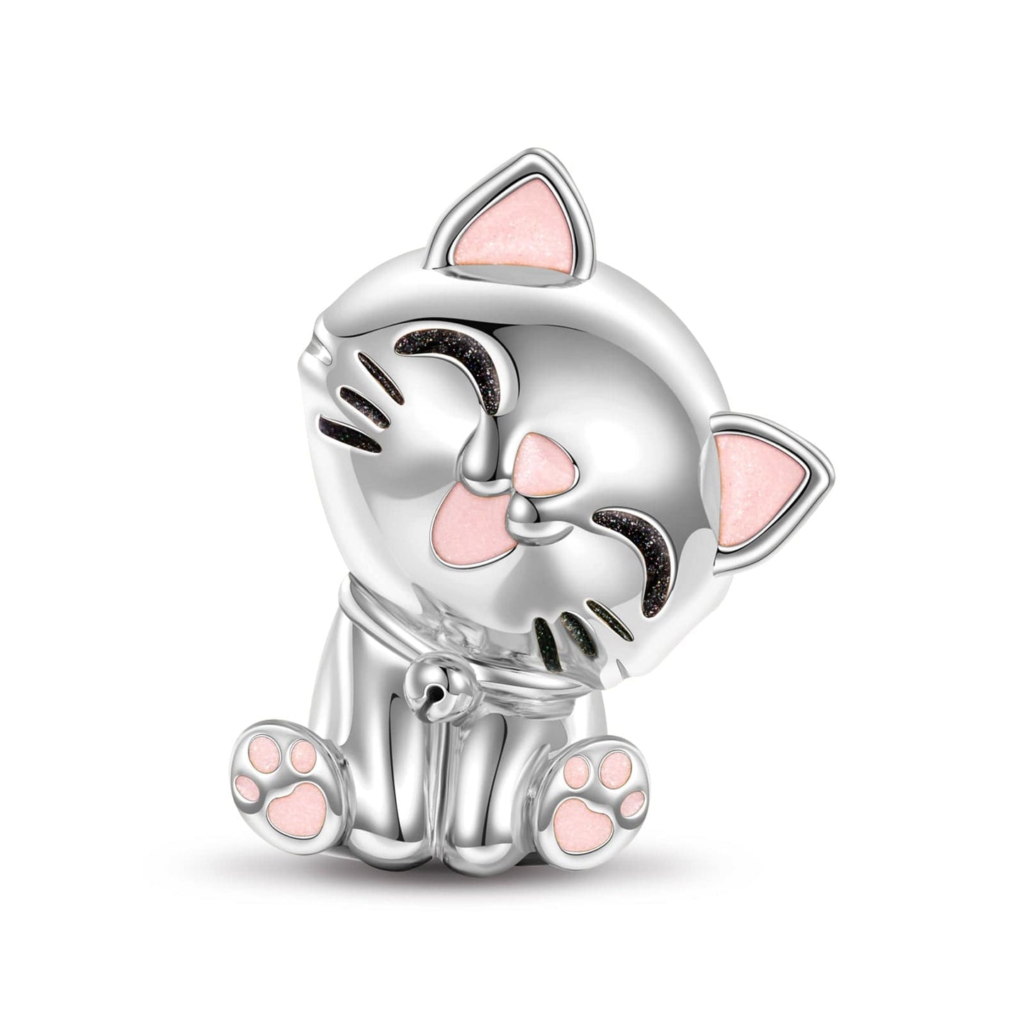 Sterling Silver Cute Kitty Animal Charms With Enamel In White Gold Plated