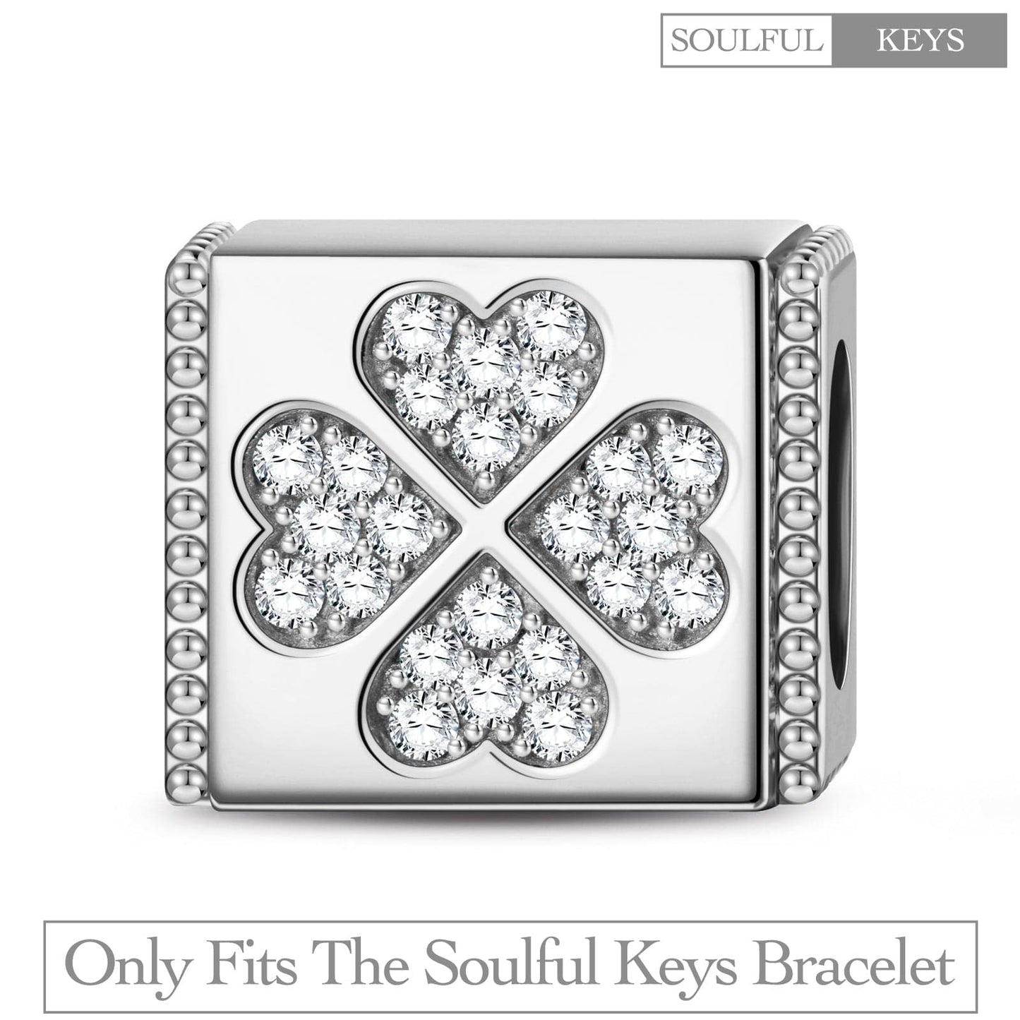 Sterling Silver Four-Leaf Clover Rectangular Charms In White Gold Plated