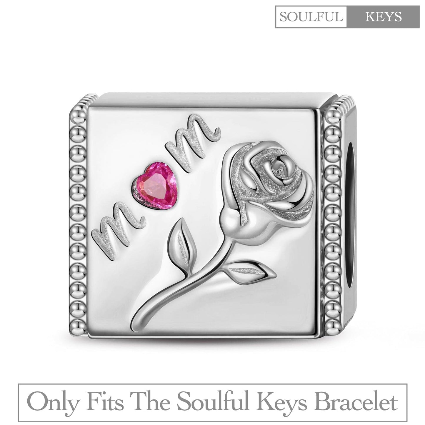 Sterling Silver Rose to Mom Rectangular Charms In White Gold Plated