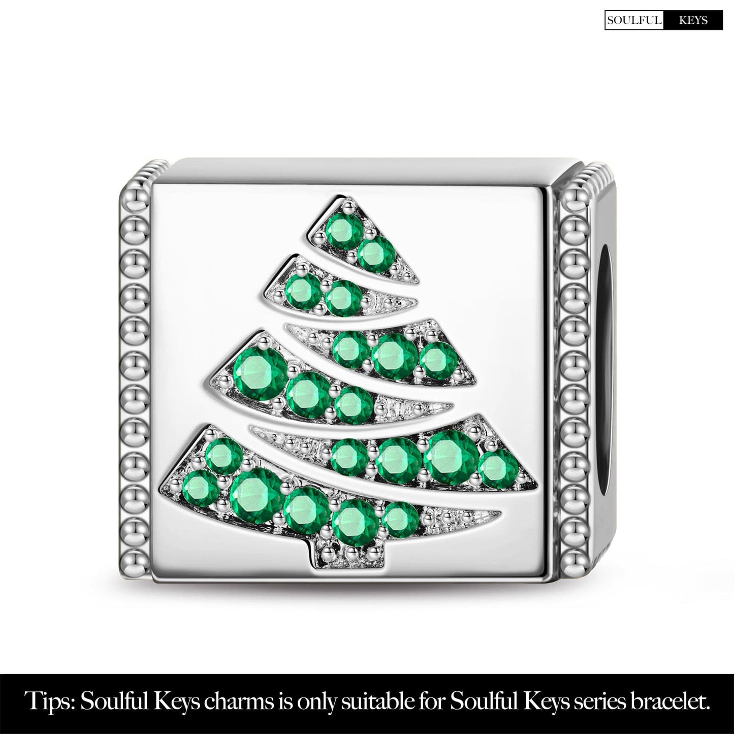Sterling Silver Christmas Tree Rectangular Charms In White Gold Plated