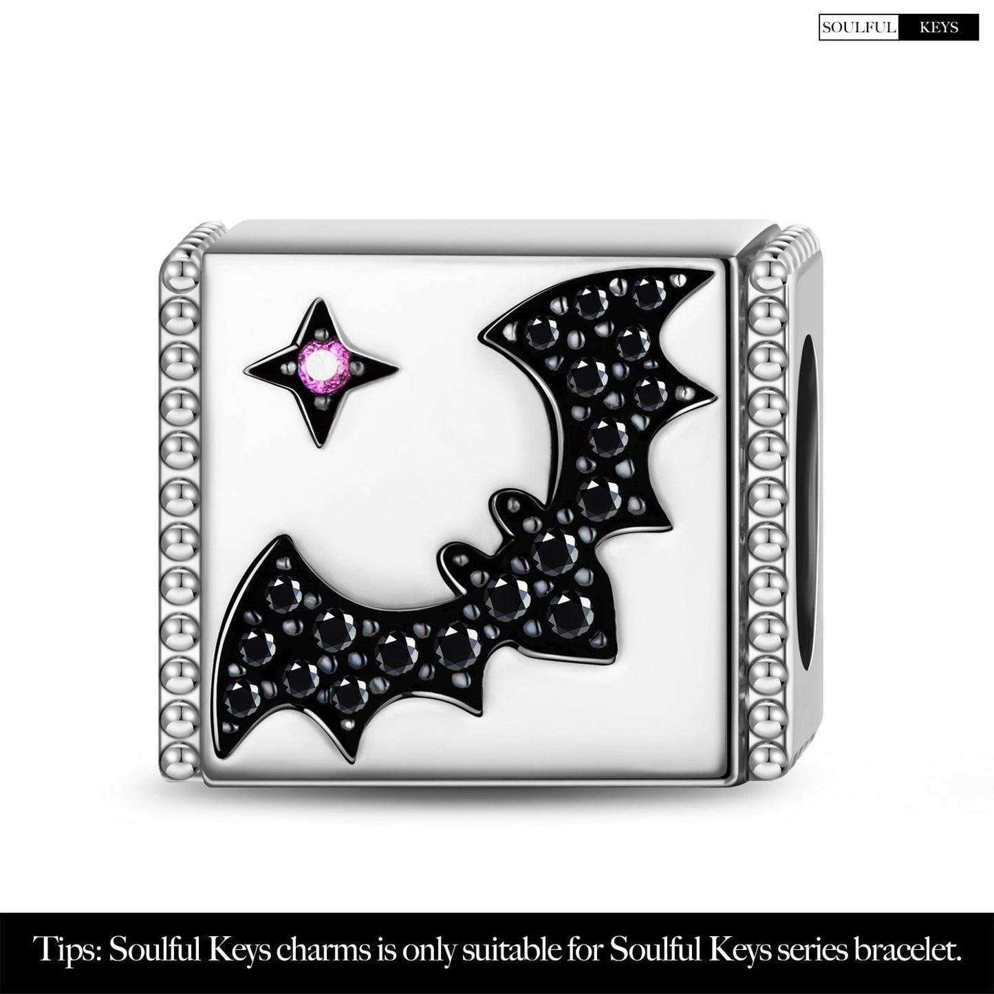 Sterling Silver Flapping Bat Rectangular Charms In White Gold Plated