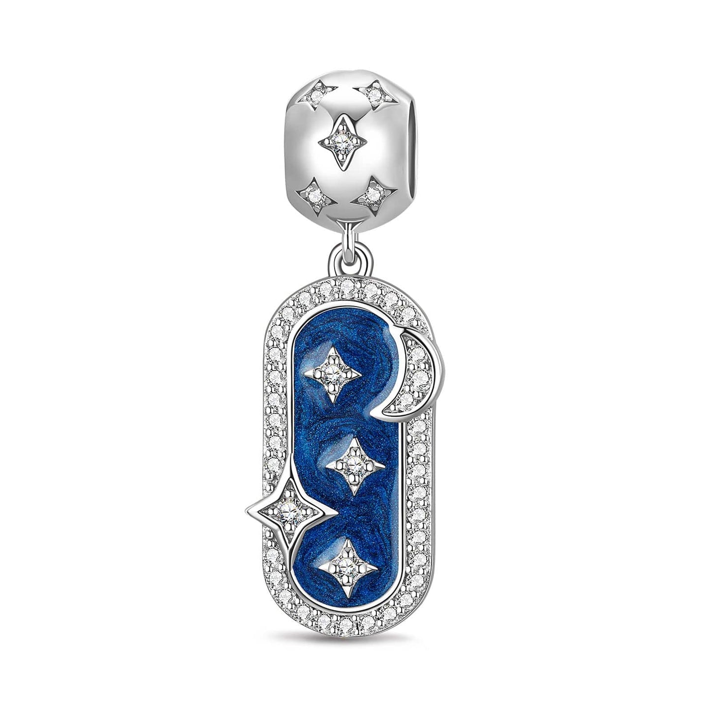 Sterling Silver Blue Stardust Dangle Charms With Enamel In White Gold Plated