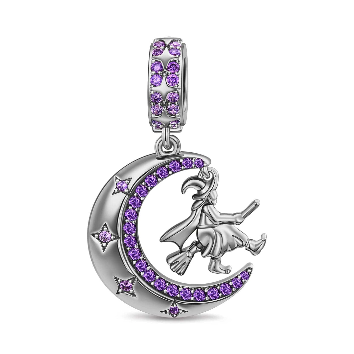 Sterling Silver Moon and Witch Dangle Charms In Blackened 925 Sterling silver Plated