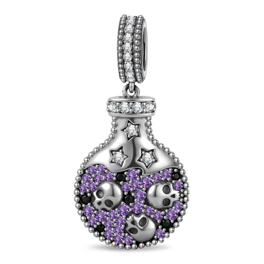 gona- Blackened Solid 925 Sterling Silver Halloween Skull-Filled Magic Potion Bottle Double-Sided Dangle Charm