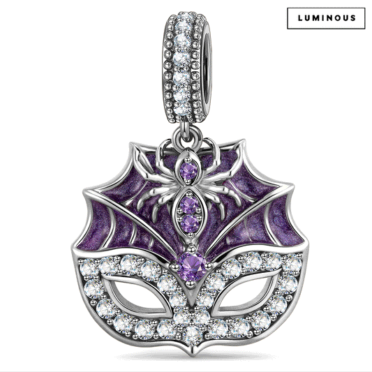 gona- Blackened Solid 925 Sterling Silver Halloween Glow-in-the-Dark Enamel & Pavé Spiderweb Masquerade Mask Dangle Charm