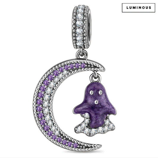 gona- Blackened Solid 925 Sterling Silver Halloween Glow-in-the-Dark Enamel Ghost & Purple-Clear Pavé Crescent Moon Dangle Charm