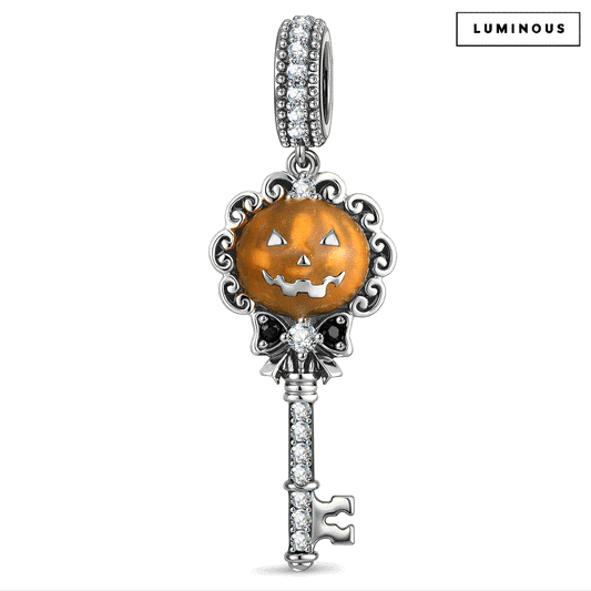 gona- Blackened Solid 925 Sterling Silver Halloween Glow-in-the-Dark Jack-o’-Lantern & Pavé Key Dangle Charm