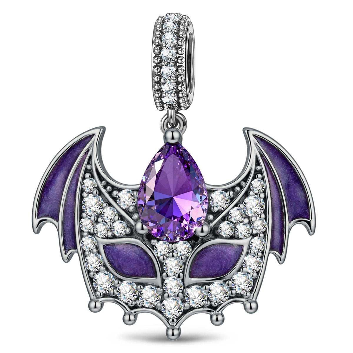 Blackened Solid 925 Sterling Silver Halloween Luminous Purple Teardrop Bat-Wing Mask Dangle Charm