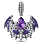 Blackened Solid 925 Sterling Silver Halloween Luminous Purple Teardrop Bat-Wing Mask Dangle Charm