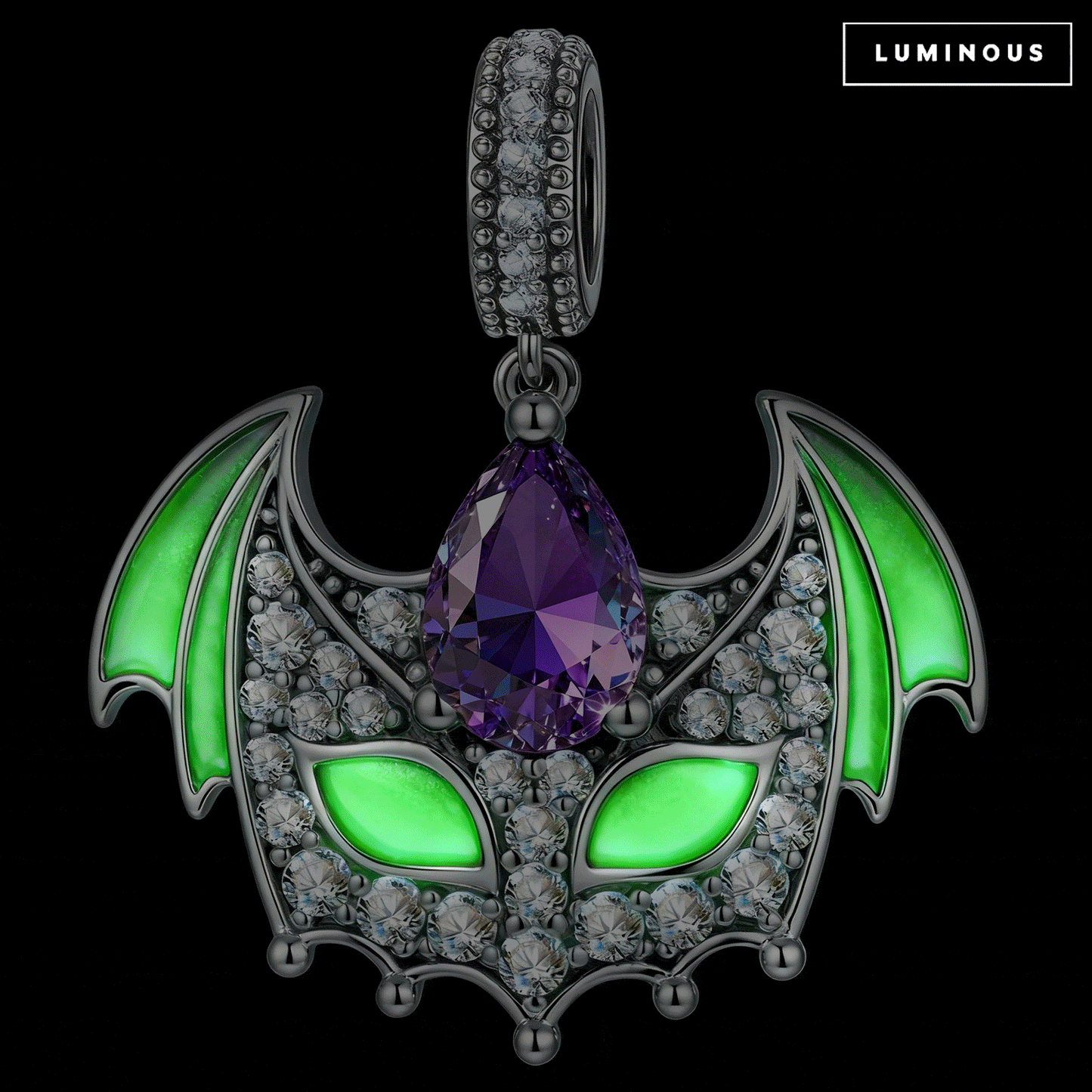 Blackened Solid 925 Sterling Silver Halloween Luminous Purple Teardrop Bat-Wing Mask Dangle Charm