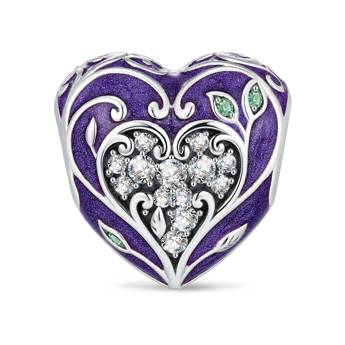 Blackened Solid 925 Sterling Silver Halloween Luminous Purple Enamel Gothic Vine Heart Charm Bead