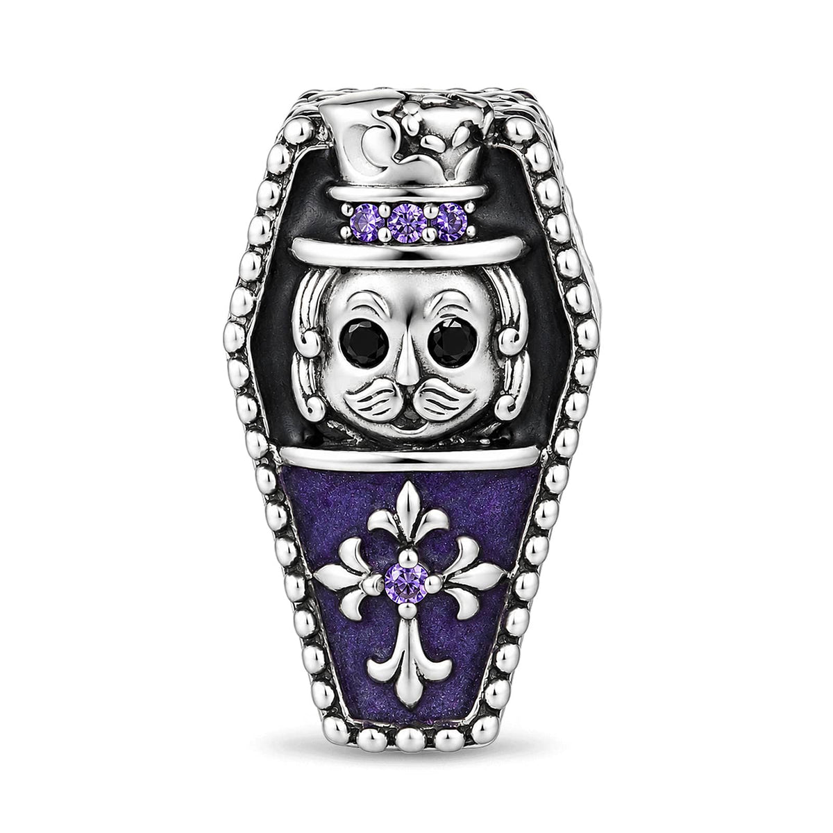 Blackened Solid 925 Sterling Silver Halloween Luminous Purple Enamel Double-Sided Gentleman Skull & Jeweled Fleur-de-Lis Coffin Charm