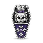 Blackened Solid 925 Sterling Silver Halloween Luminous Purple Enamel Double-Sided Gentleman Skull & Jeweled Fleur-de-Lis Coffin Charm