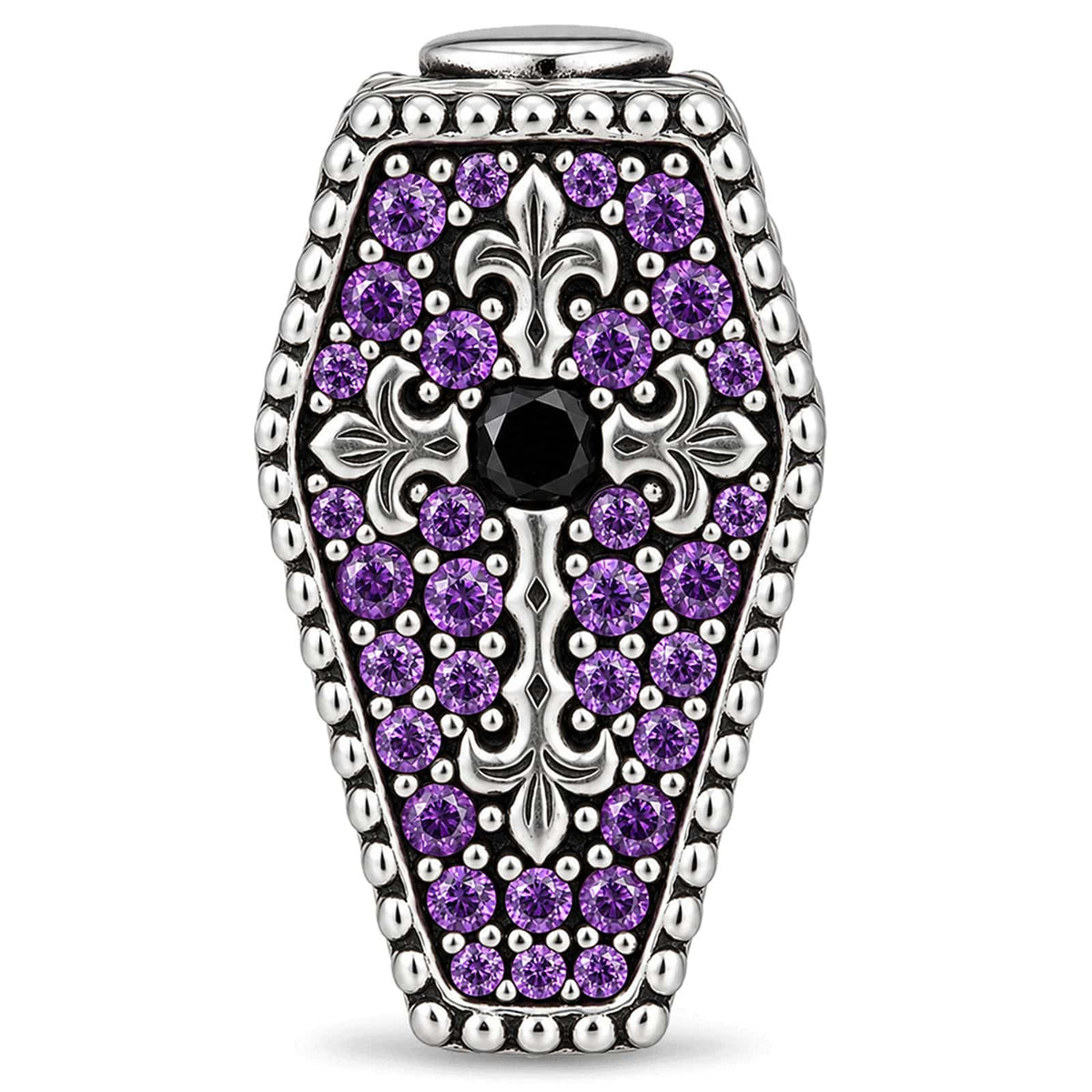Blackened Solid 925 Sterling Silver Halloween Luminous Purple Enamel Double-Sided Gentleman Skull & Jeweled Fleur-de-Lis Coffin Charm