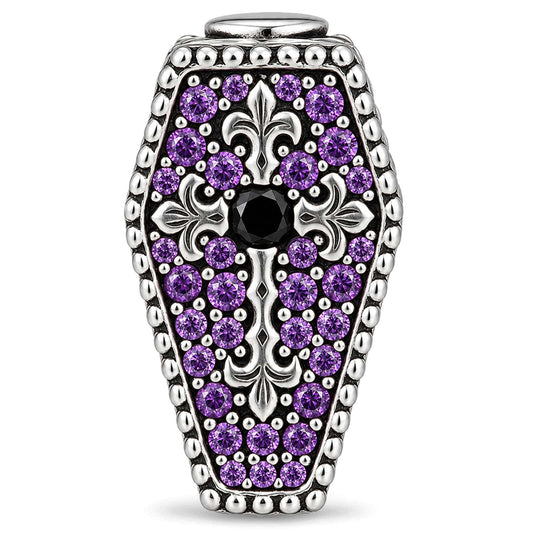 gona- Blackened Solid 925 Sterling Silver Halloween Luminous Purple Enamel Double-Sided Gentleman Skull & Jeweled Fleur-de-Lis Coffin Charm
