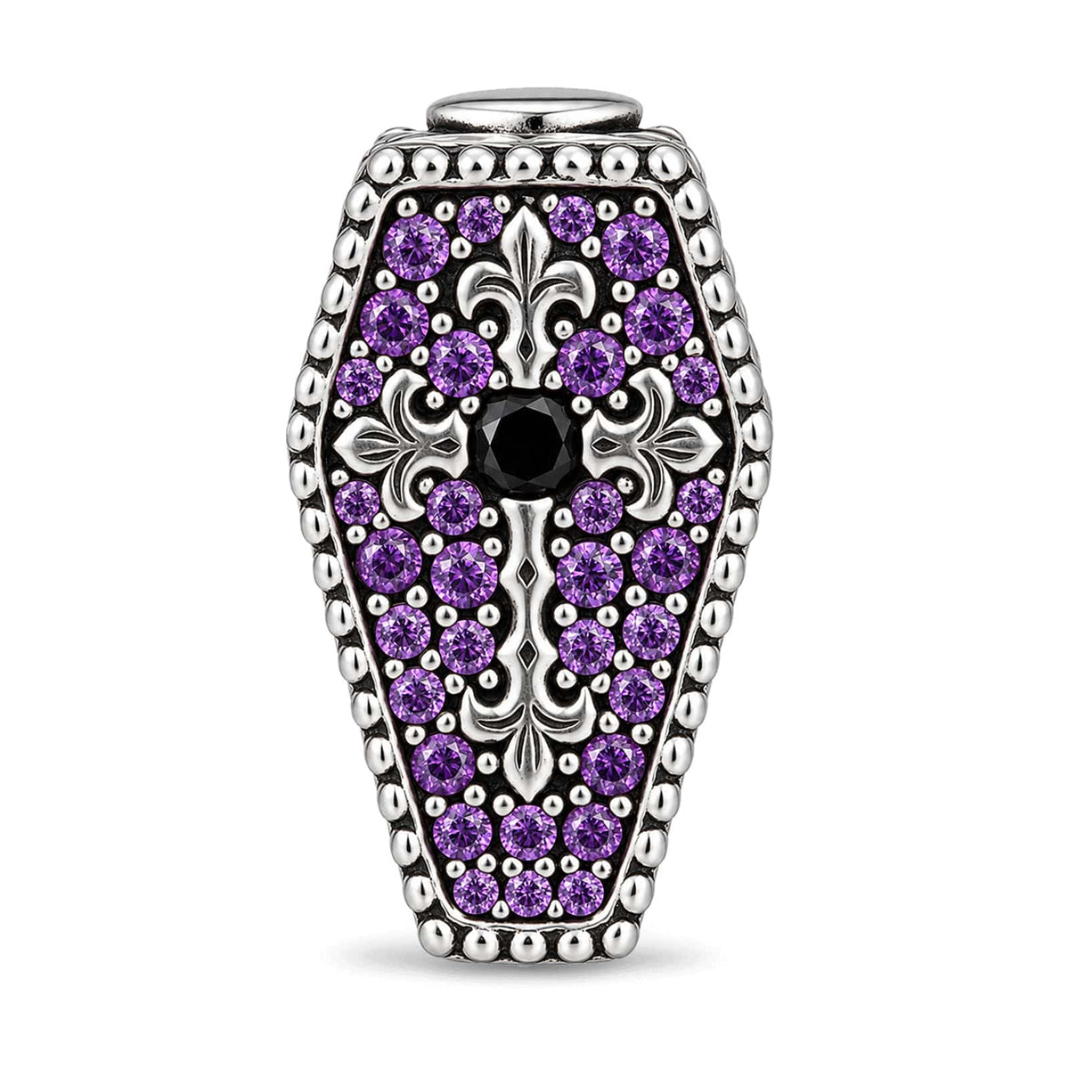 Blackened Solid 925 Sterling Silver Halloween Luminous Purple Enamel Double-Sided Gentleman Skull & Jeweled Fleur-de-Lis Coffin Charm