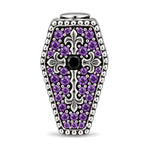 Blackened Solid 925 Sterling Silver Halloween Luminous Purple Enamel Double-Sided Gentleman Skull & Jeweled Fleur-de-Lis Coffin Charm