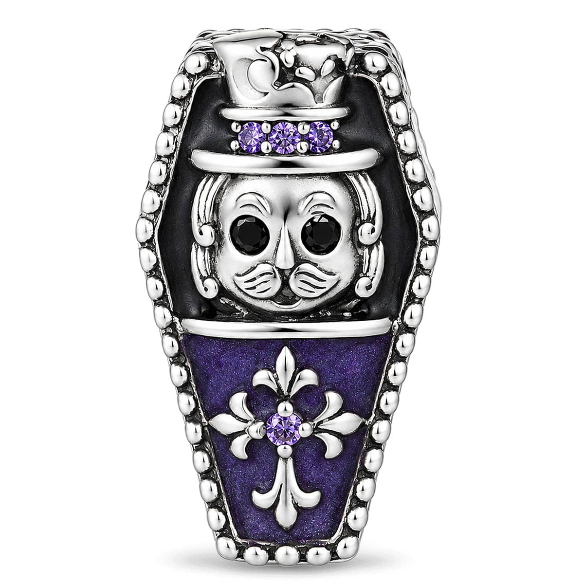 Blackened Solid 925 Sterling Silver Halloween Luminous Purple Enamel Double-Sided Gentleman Skull & Jeweled Fleur-de-Lis Coffin Charm
