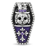 Blackened Solid 925 Sterling Silver Halloween Luminous Purple Enamel Double-Sided Gentleman Skull & Jeweled Fleur-de-Lis Coffin Charm