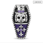 Blackened Solid 925 Sterling Silver Halloween Luminous Purple Enamel Double-Sided Gentleman Skull & Jeweled Fleur-de-Lis Coffin Charm