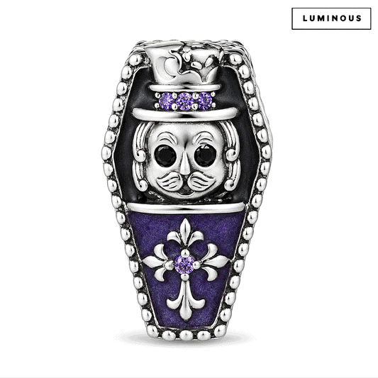 gona- Blackened Solid 925 Sterling Silver Halloween Luminous Purple Enamel Double-Sided Gentleman Skull & Jeweled Fleur-de-Lis Coffin Charm