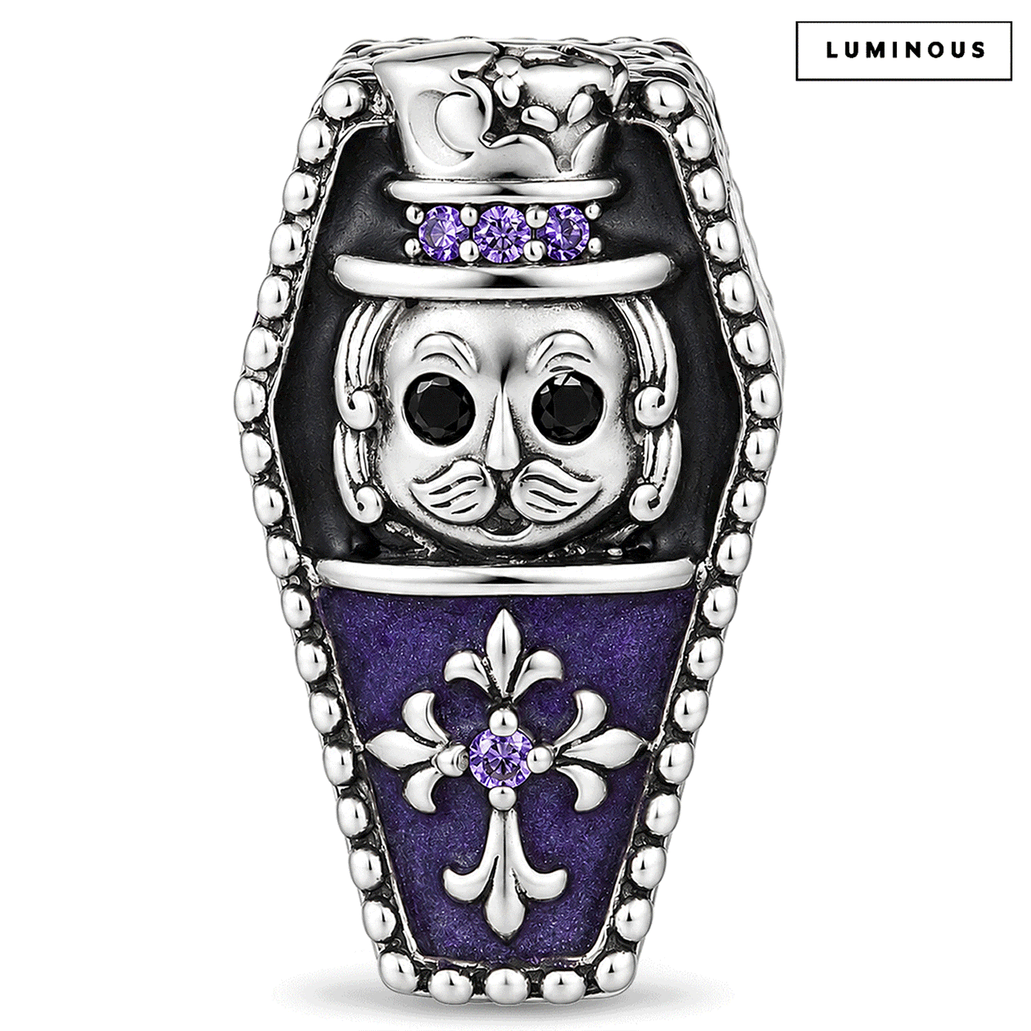 Blackened Solid 925 Sterling Silver Halloween Luminous Purple Enamel Double-Sided Gentleman Skull & Jeweled Fleur-de-Lis Coffin Charm