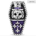 Blackened Solid 925 Sterling Silver Halloween Luminous Purple Enamel Double-Sided Gentleman Skull & Jeweled Fleur-de-Lis Coffin Charm