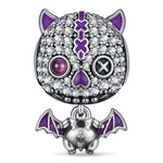 Blackened Solid 925 Sterling Silver Halloween Luminous Voodoo Cat & Vampire Bat Dangle Charm