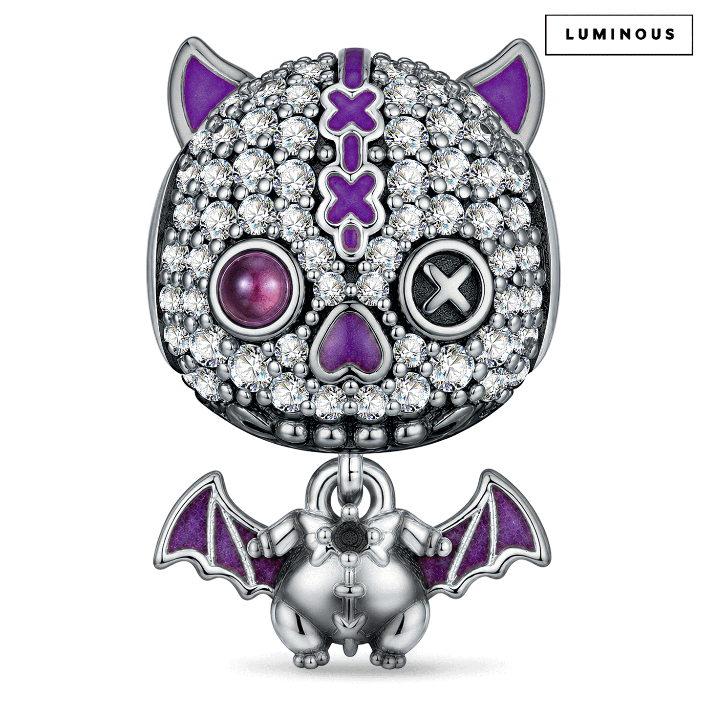 Blackened Solid 925 Sterling Silver Halloween Luminous Voodoo Cat & Vampire Bat Dangle Charm