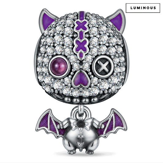 gona- Blackened Solid 925 Sterling Silver Halloween Luminous Voodoo Cat & Vampire Bat Dangle Charm