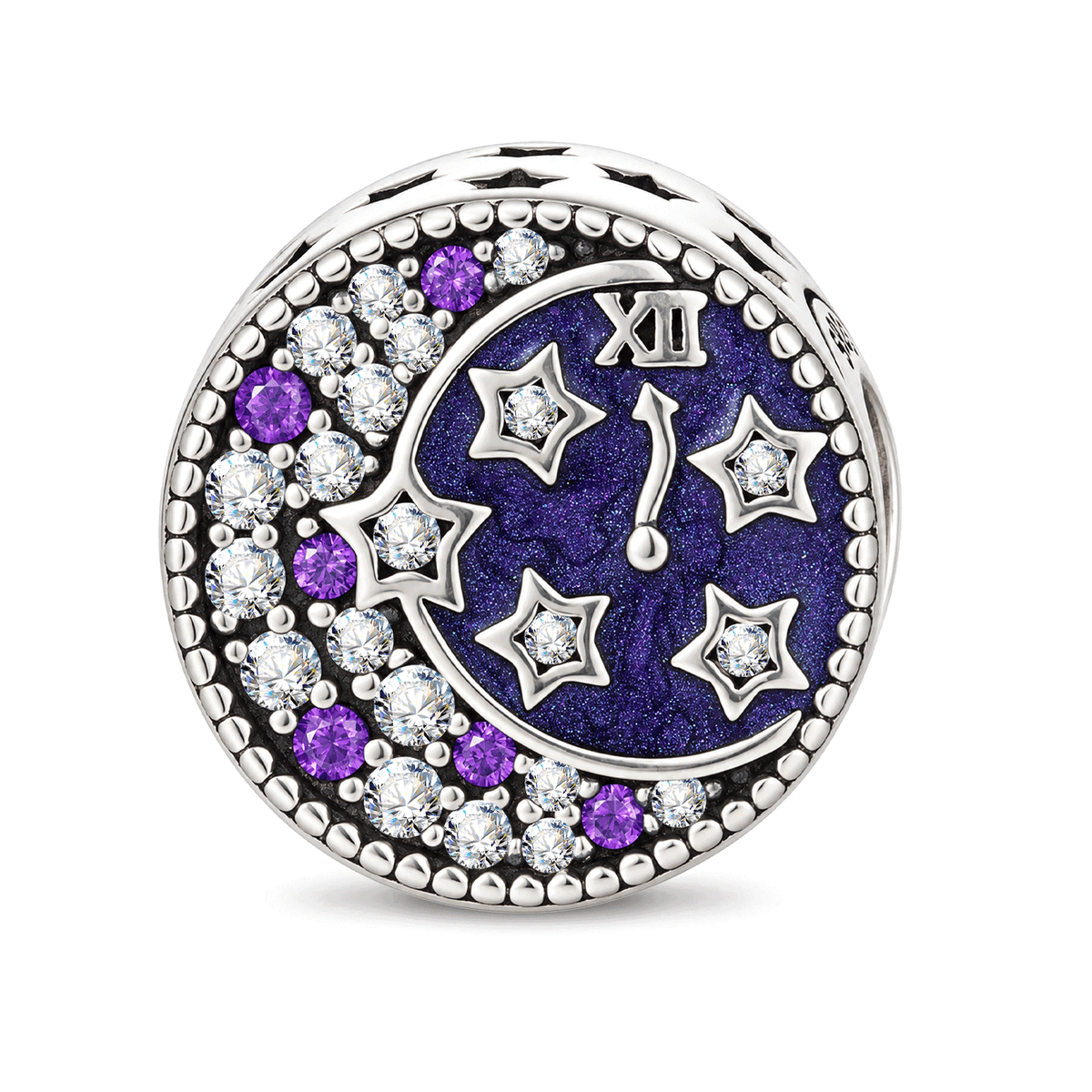 Blackened Solid 925 Sterling Silver Halloween Midnight Clock Moon & Stars Purple Enamel & Pavé Charm Bead