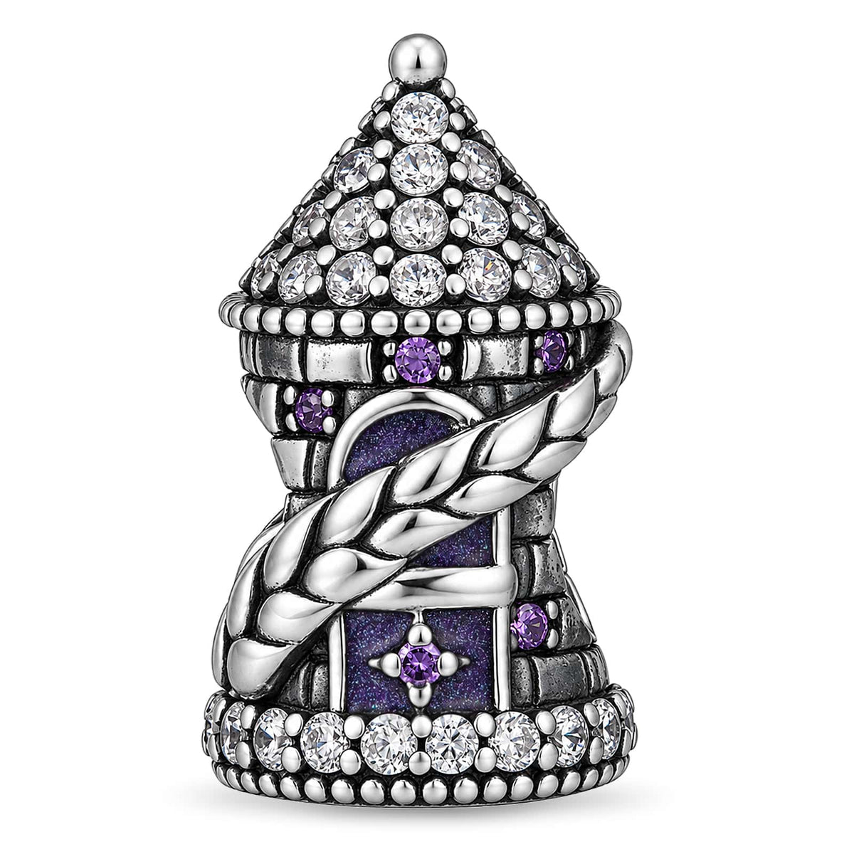 Blackened Solid 925 Sterling Silver Enchanted Rapunzel Tower Purple Enamel & Pavé Charm Bead