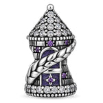 Blackened Solid 925 Sterling Silver Enchanted Rapunzel Tower Purple Enamel & Pavé Charm Bead