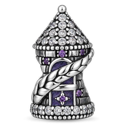 gona- Blackened Solid 925 Sterling Silver Enchanted Rapunzel Tower Purple Enamel & Pavé Charm Bead