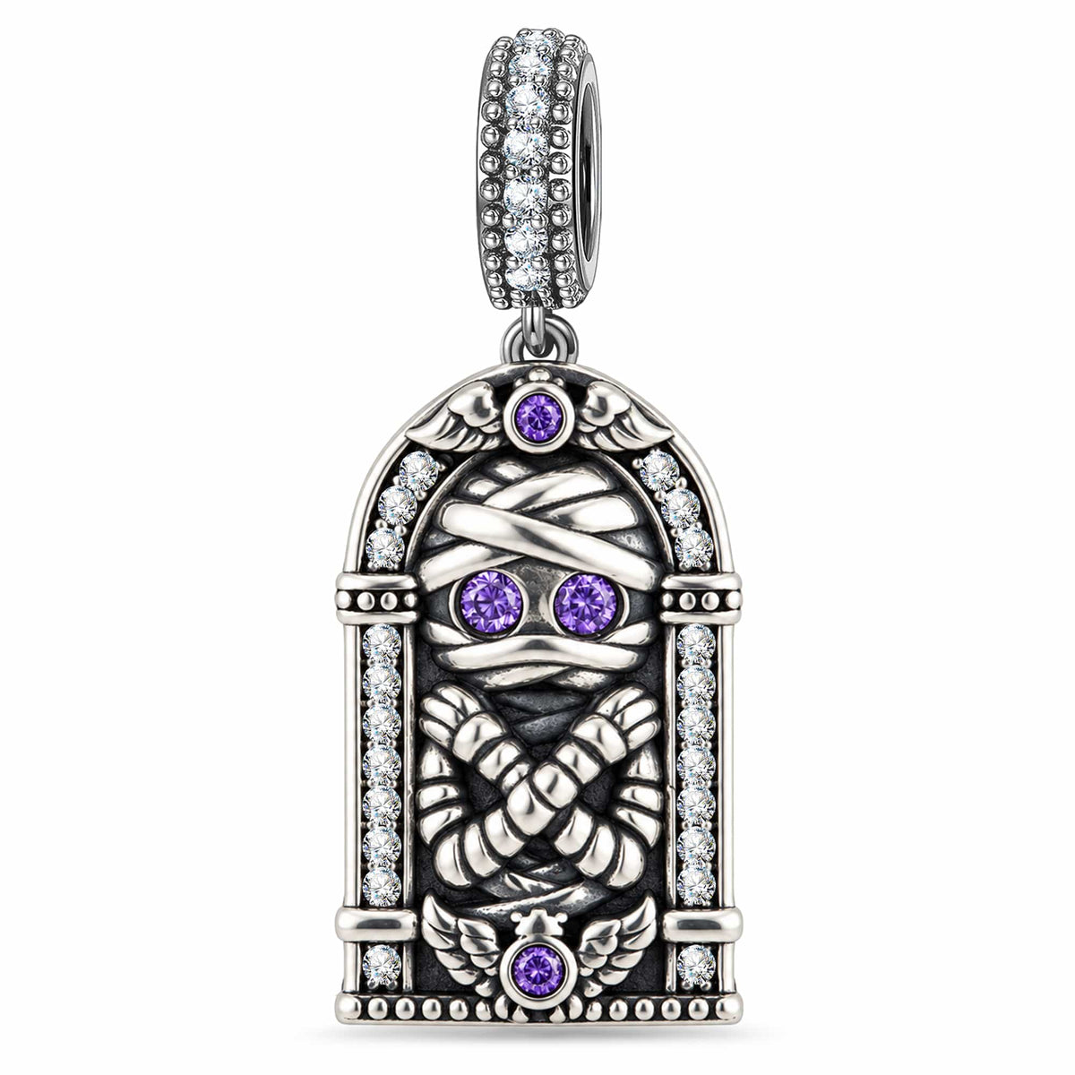 Blackened Solid 925 Sterling Silver Halloween Mummy & Crescent Moon Spiderweb Gothic Window Double-Sided Dangle Charm