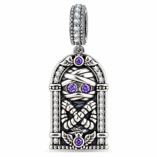 gona- Blackened Solid 925 Sterling Silver Halloween Mummy & Crescent Moon Spiderweb Gothic Window Double-Sided Dangle Charm