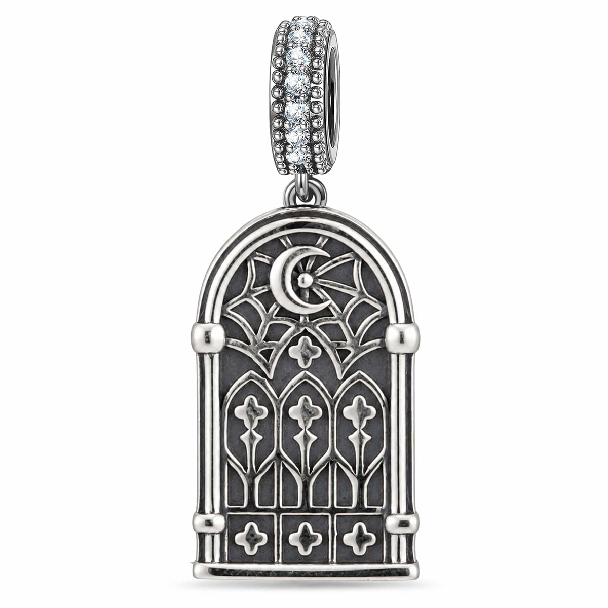 Blackened Solid 925 Sterling Silver Halloween Mummy & Crescent Moon Spiderweb Gothic Window Double-Sided Dangle Charm