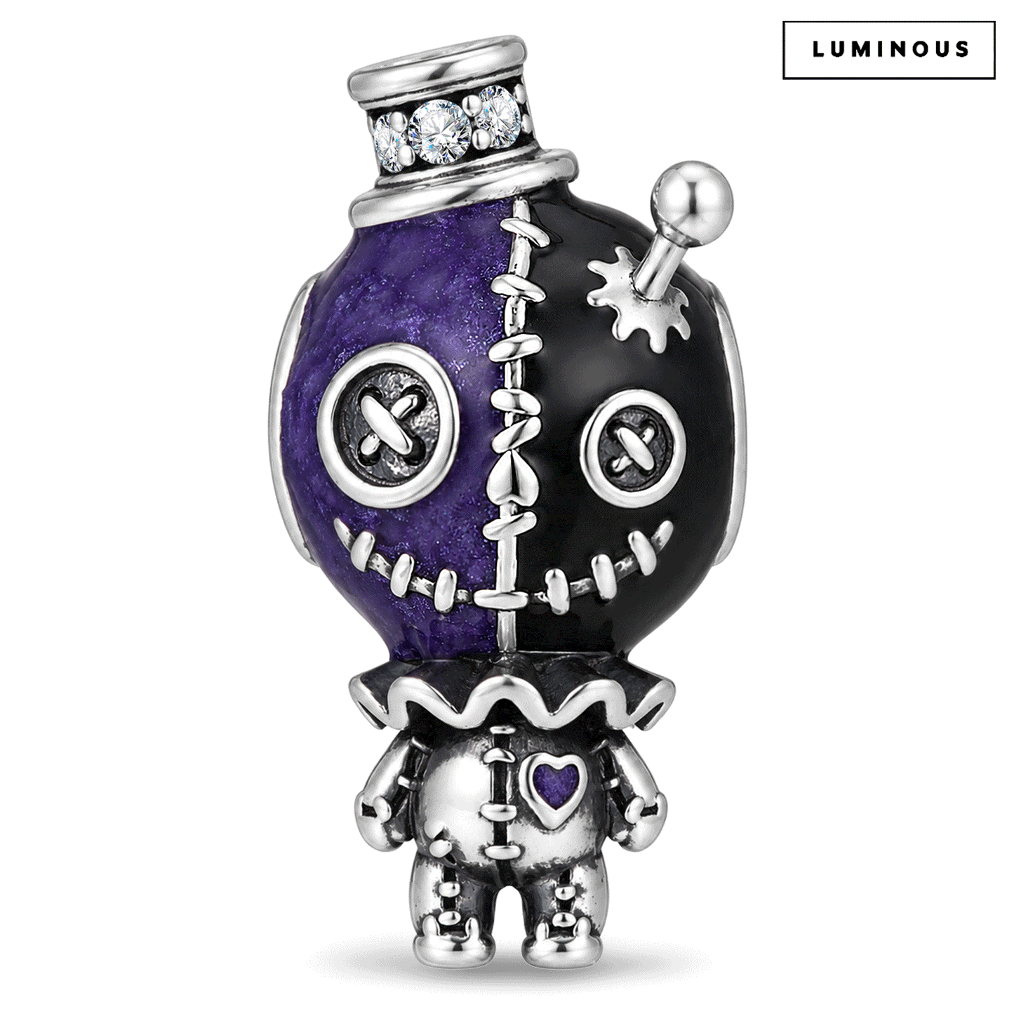 Blackened Solid 925 Sterling Silver Halloween Luminous Purple Enamel Stitched Voodoo Doll Magic Potion Bottle Charm Bead