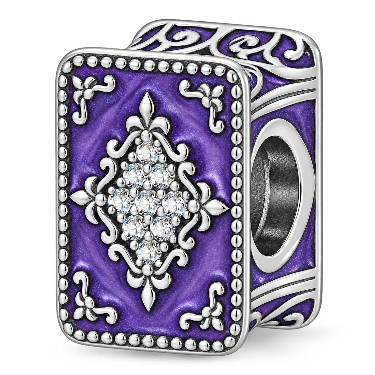 Blackened Solid 925 Sterling Silver Halloween Luminous Purple Enamel Enchanted Spellbook Charm Bead with Pavé Accents