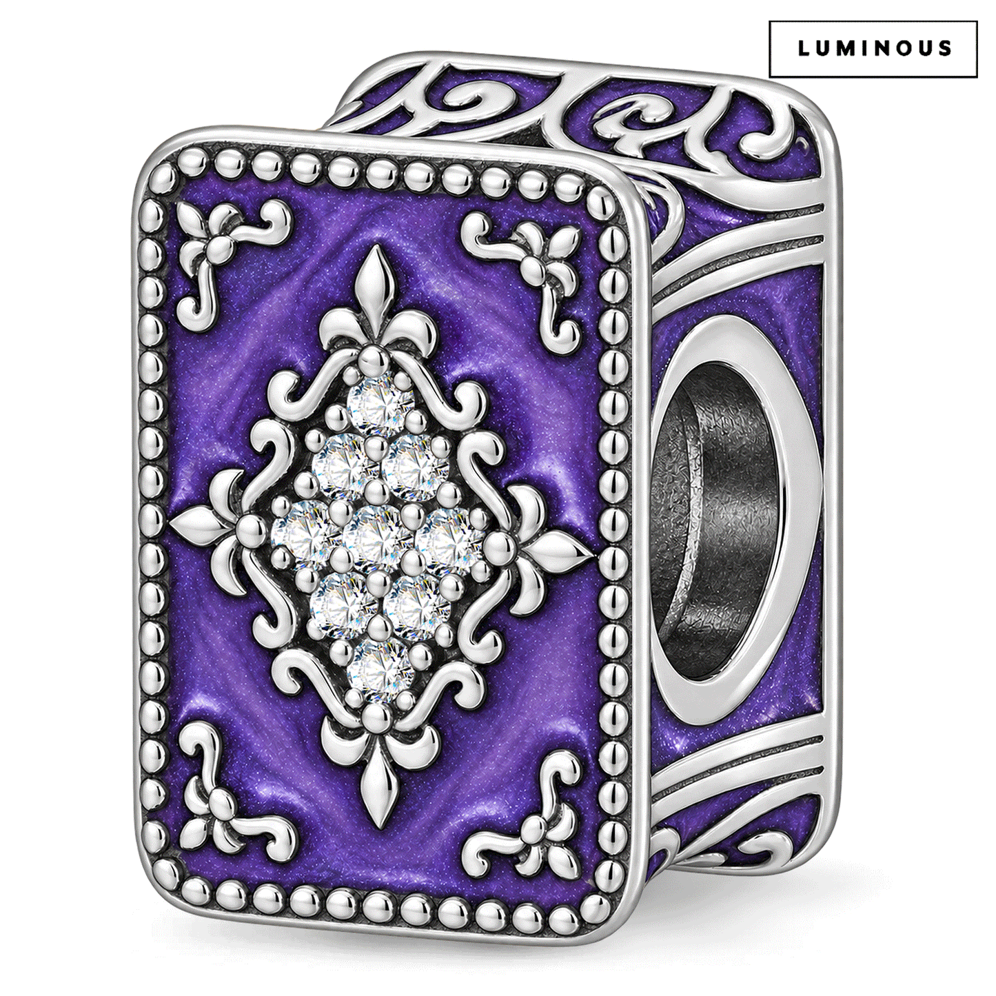 Blackened Solid 925 Sterling Silver Halloween Luminous Purple Enamel Enchanted Spellbook Charm Bead with Pavé Accents
