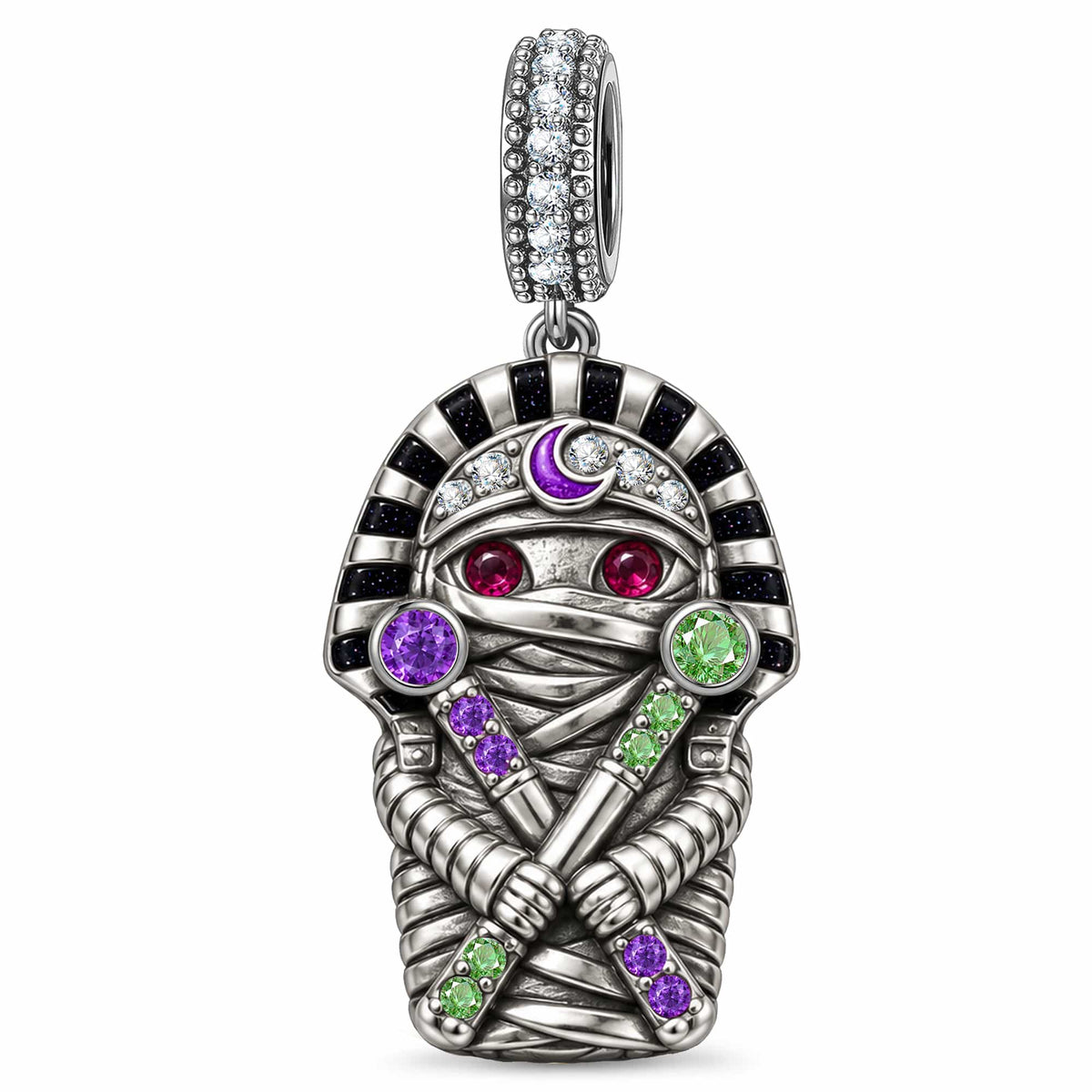 Blackened Solid 925 Sterling Silver Halloween Egyptian Pharaoh Mummy Multicolor Pavé Dangle Charm