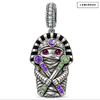 Blackened Solid 925 Sterling Silver Halloween Egyptian Pharaoh Mummy Double-Sided Dangle Charm With Luminous Multicolor Pavé