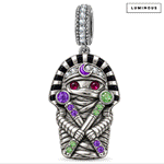 Blackened Solid 925 Sterling Silver Halloween Egyptian Pharaoh Mummy Double-Sided Dangle Charm With Luminous Multicolor Pavé