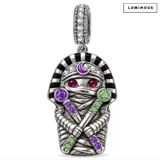 gona- Blackened Solid 925 Sterling Silver Halloween Egyptian Pharaoh Mummy Double-Sided Dangle Charm With Luminous Multicolor Pavé