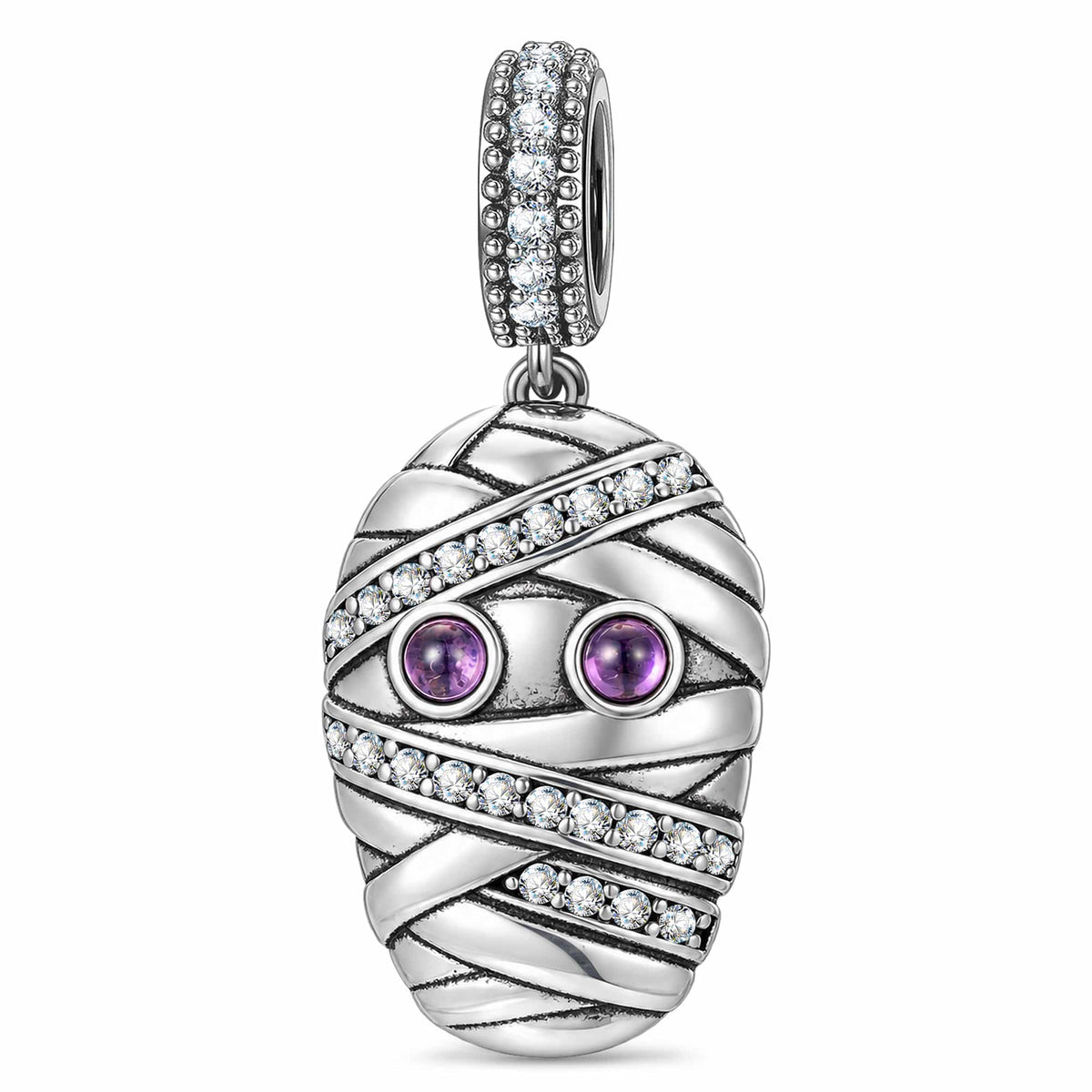 Blackened Solid 925 Sterling Silver Halloween Purple-Eyed Pavé-Wrapped Mummy Dangle Charm