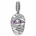 Blackened Solid 925 Sterling Silver Halloween Purple-Eyed Pavé-Wrapped Mummy Dangle Charm