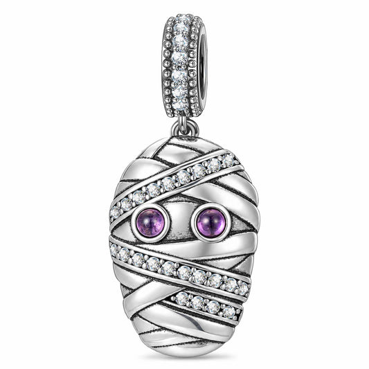 gona- Blackened Solid 925 Sterling Silver Halloween Purple-Eyed Pavé-Wrapped Mummy Dangle Charm