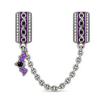 Blackened Solid 925 Sterling Silver Halloween Luminous Purple Enamel Gothic Bat & Pavé Safety Chain Charm